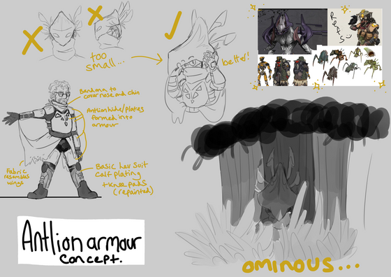 | Antlion armour concept |
An old concept for some lightweight armour based on antlion plating and recycled body parts. 
I plan to use the concept in a fan comic I'm making but in general I just really like the idea of Gordon (after HL2) being close to and perhaps even part of an antlion pack that he can control even without the bug bait because they trust him like family :o]