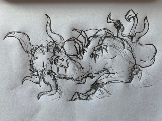 A morning sketch: a bullsquid-headcrab-zombie. Spews acid showers and, uh, “spawns” new headcrabs from his “tail...”

Enjoy the nightmares (: