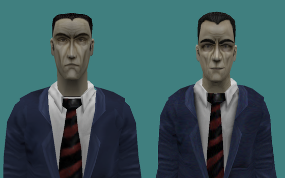 You may not know this, but in the 1.0.0.0 release of the HD pack for HL, OP4 and BS, there were actually two different gman models! The one on the left was the original HL HD gman model, and the one on the right only appeared in OP4 and BS! This was later changed in the 1.0.0.1 patch for the HD pack, and the HL specific HD gman model was dumped in favor of the one on the right for consistency. Interestingly enough, the gman on the left was shown off in early HD pack development screenshots.