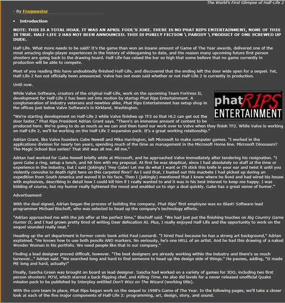 Planet Half-Life's HL2 "announcement" from April 1, 2000.  Missing the final part because, you know, 4 images max