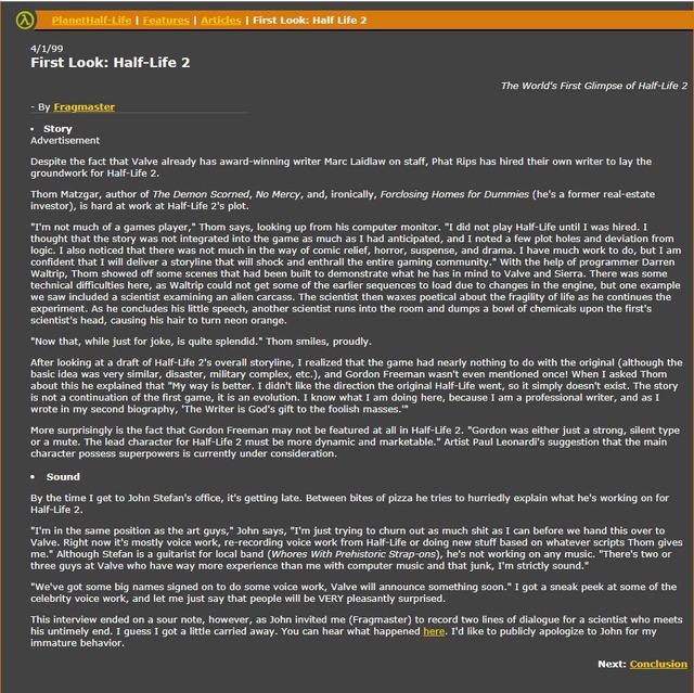 Planet Half-Life's HL2 "announcement" from April 1, 2000.  Missing the final part because, you know, 4 images max