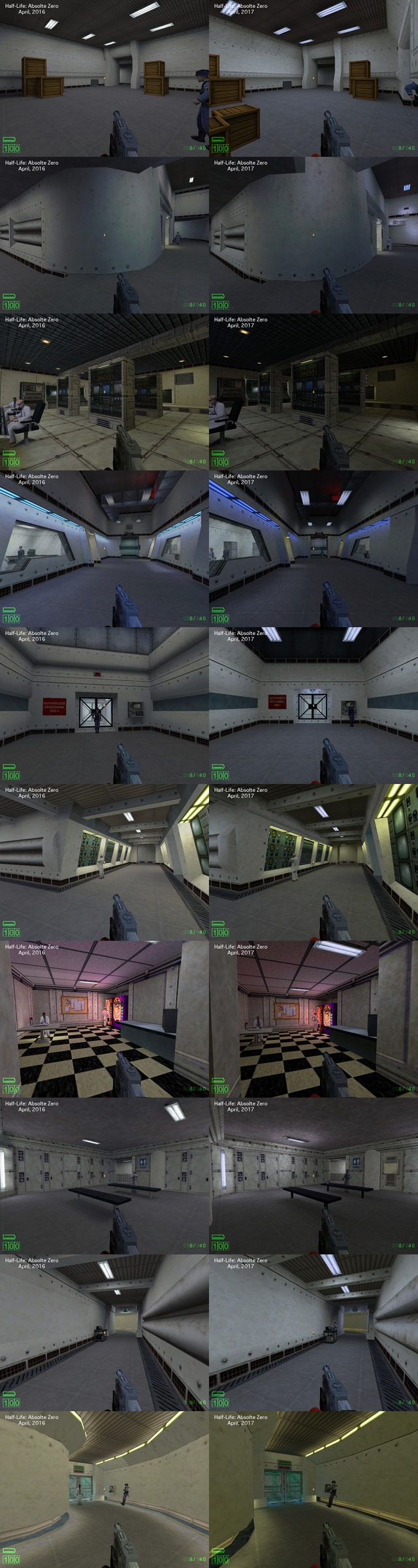 The evolution of Half-Life: Absolute Zero (namely the first map in the mod.)

These images are quite long, so you will need to click onto them to see the full thing. Advised to open them into a new tab to see them at their original resolution.

2014 - Development starts picking up steam again, level design being headed by GaussGunner and myself. ZedMarine would be slowly be making a return during this era.
2015 - Zed would become level design lead again, GaussGunner would start taking a back seat and would eventually leave to pursue new artistic endeavors. We would finally drop the name "Half-Life E3 1998" later in August and become "Half-Life: Absolute Zero." Demo was planned to be released early 2016 and a full release to follow only a few months afterwards. Blue24 would join the team early that year, marking the retirement of the 2010-2012 code.
2016 - Reality sinks in, we knew Half-Life: Absolute Zero was not in the state to ship early that year as a demo. Various maps that were functioning months prior were no longer playable and discussion on whatever or not development should be restarted again began. We would be able to salvage the maps, but disaster struct once more. The April build that sparked the discussion of rebooting development ended up leaking to the public and everyone could see the state of HLAZ as of April of 2016.
2017 - Things start to start looking up for the mod! Pre-demo testing went good and it was being well received among play testers. A few odd decisions would take place in the month prior to the demo shipping, but overall the Demo was overall well received. 
2018 - Things were looking up for the project, everything seemed to be going as planned... Until, well, you know the rest of the story.