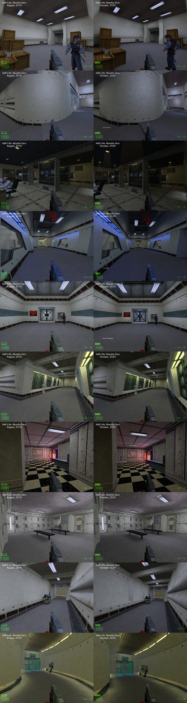 The evolution of Half-Life: Absolute Zero (namely the first map in the mod.)

These images are quite long, so you will need to click onto them to see the full thing. Advised to open them into a new tab to see them at their original resolution.

2014 - Development starts picking up steam again, level design being headed by GaussGunner and myself. ZedMarine would be slowly be making a return during this era.
2015 - Zed would become level design lead again, GaussGunner would start taking a back seat and would eventually leave to pursue new artistic endeavors. We would finally drop the name "Half-Life E3 1998" later in August and become "Half-Life: Absolute Zero." Demo was planned to be released early 2016 and a full release to follow only a few months afterwards. Blue24 would join the team early that year, marking the retirement of the 2010-2012 code.
2016 - Reality sinks in, we knew Half-Life: Absolute Zero was not in the state to ship early that year as a demo. Various maps that were functioning months prior were no longer playable and discussion on whatever or not development should be restarted again began. We would be able to salvage the maps, but disaster struct once more. The April build that sparked the discussion of rebooting development ended up leaking to the public and everyone could see the state of HLAZ as of April of 2016.
2017 - Things start to start looking up for the mod! Pre-demo testing went good and it was being well received among play testers. A few odd decisions would take place in the month prior to the demo shipping, but overall the Demo was overall well received. 
2018 - Things were looking up for the project, everything seemed to be going as planned... Until, well, you know the rest of the story.