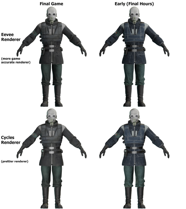 First post, let's make it a fun fact:
The Metrocop found in the Final Hours of Half-Life Alyx uses notably different, significantly earlier textures than its final variant. Here's a side by side comparison between the two.