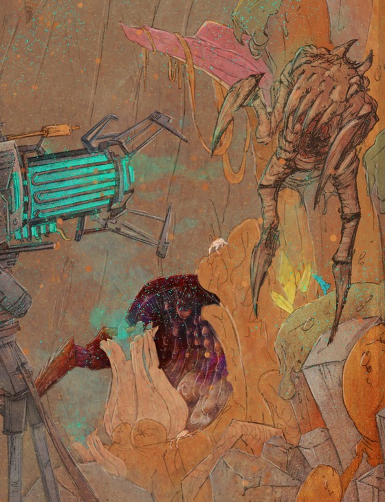 An illustration for my fanfiction based on Half-Life and Ravenholm.

"A group of Rebel have established a colony hidden in the deep mines beneath Ravenholm. They quickly realized that a Xen "contamination" had taken place there." 

Here, a rebel using a zero-gravity-gun mounted on an old car, to repel the onslaught of headcrabs and a gonarch.
#CommunityCreations 
