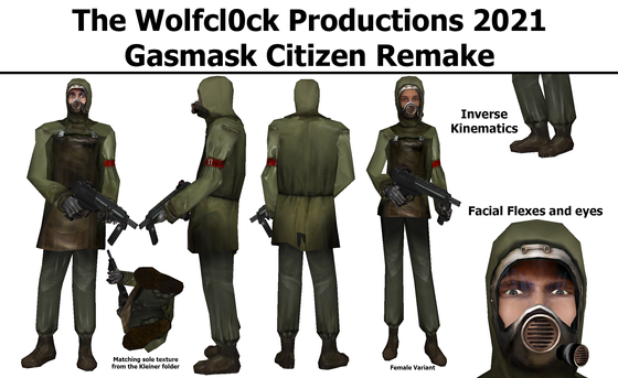 After 3 years, I've created a brand new and improved gasmask citizen model! This swanky fellow comes complete with working eyes, facial flexes, soles, can blink, and even has a female variant with a new facial texture made by yours truly!
My lovely new citizen.mdl can be downloaded from here: https://gamebanana.com/mods/327768