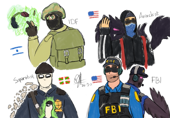 Dang another old art. This time it's just my brain making up some fantasies with classic CS CTs/Ts + Global Offensive CTs/Ts if they have superpowers lol and I've made stories about them in my head. (I said old arts bc of the date and my lack of knowledge to knowingly draw them accurately (especially Leet and Guerilla.)

GIGN: Supposedly inspired from TF Spy, with the ability to disguise + cloak and throw knives (imagine TF Spy throwing them lol).
GSG 9: "Ballistic Angel" is what I like to call him, mainly inspired from Olof graffiti on Overpass (dude with wings) and those energy being shared with IDF, altered. 
SAS: Can morph his parts into black sludges and form weird whackos with it.
SEAL Team 6: Haha electroshock go brr

Arctic Avenger: Related to his name, he has the power to control subzero particles (aka ice + snow) and even created his own pet with his power.
Elite Crew: Man is a sand-bender and somehow is able to manipulate dusted Separatist, too.
Guerilla Warfare: What was I thinking while making him? I think a remake should be done. Oh, by the way, he is known as "Beastfreak" for his looks.
Phoenix Connexion: Shared his power with IDF and is altered, too. But his angered optimism made him a fiery-fueled man (you know, *Phoenix*).

Anarchist: Neutral to what he think it's good or not, he just follows anyone. IDF is a yes, GSG 9 is also a yes for him. Doesn't have any special powers but he has a shadow dog he got from FBI.
FBI: Shared his power with IDF without alterations because he is the only person to have its original form, a half-normal dude and half-contracted shadow freak.
IDF: The first person to get such power from a multiversal surge from space. He was the one to alter it first, too. With that, he can mindwash people and do more wacky things seen in that drawing.
Separatist: Man hates chickens, cursed with powers to dissolve into smoke and turn into chicken.
