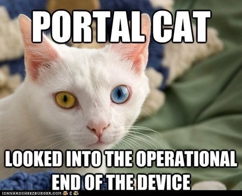 Do not look at the operational end of the device.


Credit: https://icanhas.cheezburger.com/lolcats/tag/Portal