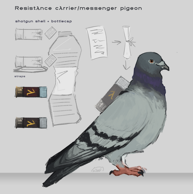 Resistλnce cλrrier/messenger/homing pigeons

With the invasion of the combine, all communication via radio waves was risky and in danger of being tapped into, Barney, taking up leadership wanted to source another way to safely send important emergency/update messages from outposts to a main base in case radio communication was lost or unstable. Someone suggested the use of pigeons, as they adapted well to the post war conditions and were in abundance.

They began to raise pigeons at the main base of operations, periodically testing their homing skills. A lot of pigeons before the 7 hour war were bred for racing/homing sport, and so it was also a viable to capture a few, although it was a lot more difficult, the effort was worth it for offspring.
The pigeons were treated well and lived in make shift aviaries made from chain-link fencing and found crab pots, assigned caretakers would routinely feed them.
When they were ready, pigeons would be transported with supplies to outposts and taken care of there.

When someone wants to send a message, they secure the piece of paper in a small cartridge made from a shotgun shell and a bottlecap, the straps wrap around the gap between their wings and body.
The pigeon is then released with 2 or 3 others, and they make their way home to the main station. Most of the pigeons would average 100 miles in about 40 minutes.

The first pigeon they successfully trained was called lambda.