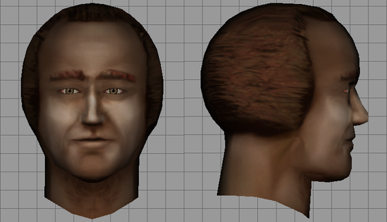 Meet Kevin, our friendly default construction guy face! Basing his head off of Einstein's PS2 head, I smoothed out and reshaped most of it to the point where it no longer bears much of a resemblance to the original. Now instead we have a (balding) man that looks like he's stepped straight out of a 70s timewarp (at least when he takes his helmet off)!