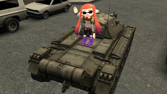 Another Splatoon GMod post! This time, it's a Woomy on a Crusader Tank (get the joke?). Fun fact, this is actually somewhat of an old picture of mine, made it 4 months ago, after all.

The Facts:
Map: pd_bank
Characters: Unknown Woomy (no that's not their name, I just never made a name for them).
Time Taken: 5 hours (that's the amount of time as I remember it, no fancy fooling around with multiple poses here)
Sanity: intact (again, it's an old photo).