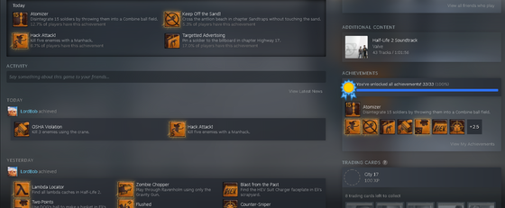 I have officially completed all achievements for Half-Life 2! Still have to do the episodes but I'll get to them when I have time.
