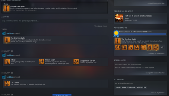 I got all HL2 Episode One achievements! (now I have to suffer through that darn gnome achievement in Episode Two... Wish me luck on that!)