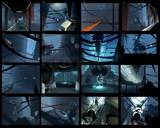 I've always wondered how GLaDOS managed to end up back in the Central AI Chamber in Portal 2, despite her seen in pieces in the front parking lot of Aperture Science at the end of Portal. Here is a piece of concept art from Portal 2's development that might explain this inconsistency. You can see there are various wrecked cars that have fallen into the Enrichment Center.

I believe this, plus the ending of Portal, implies the front parking lot of Aperture Science sits directly above the Central AI Chamber. Since a good majority of Aperture relies on panels for all of it's surfaces, it's not too out of the question that they use some form of these panels for the front parking lot as well.

During Chell's extremely long slumber, the panels holding up GLaDOS's remains must have collapsed, causing her to fall back into the Central AI Chamber, along with many other objects such as cars (which aren't seen) This can also explain how you can see the sky in the Central AI Chamber in Portal 2.
___________________________________________________________________________________

This might also explain the inconsistency of the surface of Aperture Science between Portal and Portal 2. The rest of the parking lot, (booth, lamp posts, fencing, etc.) must have either fallen into the Enrichment Center along with GLaDOS, or had been dismantled by the Combine at some point.

During, well, however long Chell was asleep, the landscape was most likely altered drastically. Meaning there was no evidence that the original entrance of Aperture Science was even there. The field of wheat may imply that the Combine were defeated, and civilization had been rebuilt.

This alternate entrance or exit to Aperture Science in Portal 2 might be a long stretch away from where the original entrance from Portal 1 is, considering how fucking MASSIVE Aperture Science actually is. Who knows how much land Aperture actually owned.