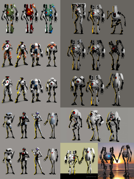Exploring Valve Archive, part 20.

valvearchive.com>archive>Portal>Portal 2>Art>Robots>

Developing an iconic look for Atlas and P-body was very important to the designers at Valve, as a heavy focus of Portal 2 was placed on its cooperative campaign.

They initially experimented with more humanoid robots with a very "Westworld feel"; they wanted them to "look human, but feel robotic" according to Valve's Matt Charlesworth. Despite this initial goal, the designs naturally developed into less humanoid, more abstract figures, integrating the design of turrets and personality spheres into P-body and Atlas respectively.