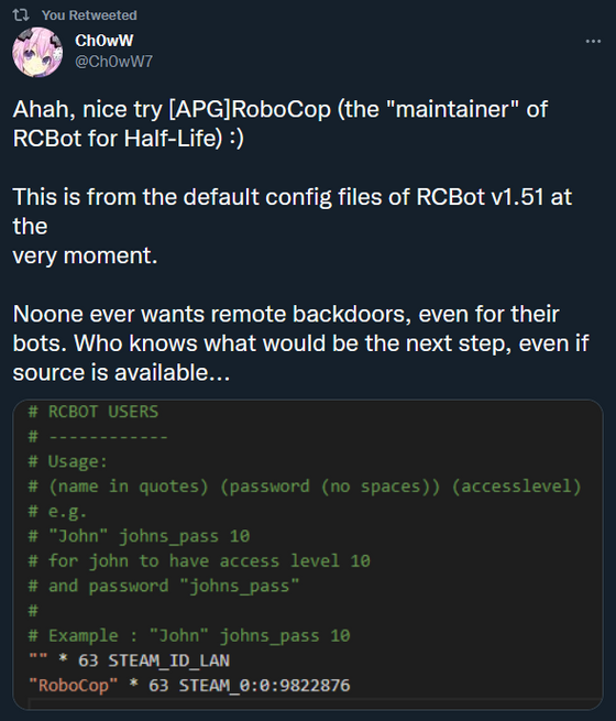 To anyone who owns a server that uses RCBot, yeah your server probably has a backdoor.