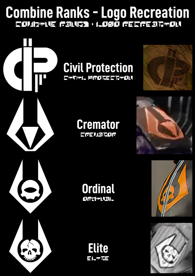 I'm trying to assemble a HL logo databank so that creators can find and use them in any kind of project

Here is some logos from different combine ranks

The Cremator logo is from the HL:Alyx Cremator concept art