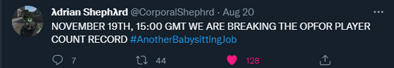 If you didn't know #AnotherBabySittingJob is breaking OpFor Player Count Record so uh yeah if you want you can join in (original tweet: https://twitter.com/CorporalShephrd/status/1561006310979563521?s=20&t=JOwDUmlmcv4jtLTgklJZNQ )