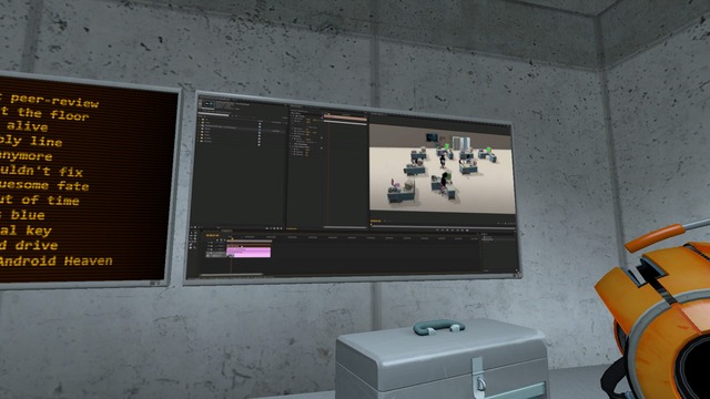 More images from my upcoming gmod Portal map. The monitor is in Harry's office and shows a wip of one of those Aperture advertisement things. The texture itself is a mix of two different screens from two of Harry's videos.

The bts area is actually its second iteration, now having it where the player enters from the side instead of from where the camera is.