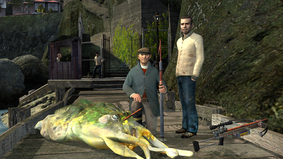 "We used to trap bullsquid in here"

No more bullsquid artwork for now, I promise, but I had this idea of fisherman posing with a freshly caught bullsquid and I had to do it.
I hope you like it.