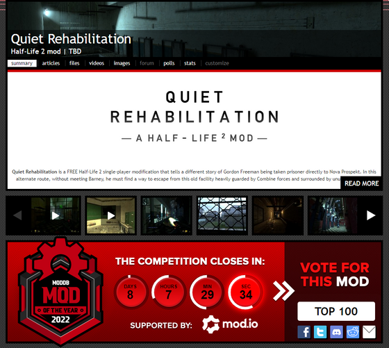 hey! I want to thank everyone who voted on Quiet Rehabilitation, thanks to you we've reached top100!! it really warms my heart seeing my little project going this far, it means a lot to me! I know I can't compete against others by now, so don't forget to vote for your fav mods out there who deserves the spotlight!!!

https://www.moddb.com/groups/2022-mod-of-the-year-awards/top100
https://www.moddb.com/mods/quiet-rehabilitation