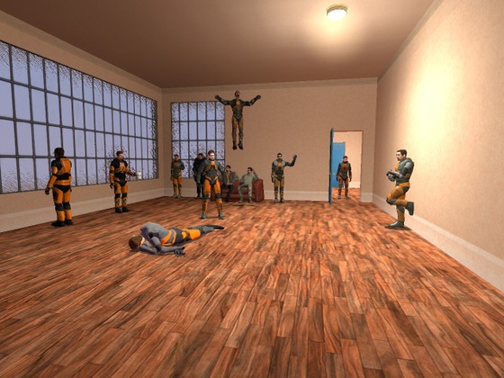 ANCIENT gmod screenshot I made where I got every gordon freeman ragdoll I had and posed them together (this shit dates back to like 2020 so not really that old but then again two years to me is pretty long)