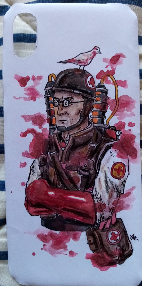 I drew a watercolor Medic, with the loadout I wish I had, for my transparent phone case (with a few colored pencil touches)!

I like it very much, only thing that bugs me is the FACE
No, the face is fine, the skin is a tad darker than it should be for his German origin though or is it? Well uh... see it as battle dust and dirt heh. I overdid it a little with the brown but anyway.
I might have overdidi it a bit with the blood and red as well but for the TF2 fans who actually know his crazy-medical-experimentations character I guess it fits.

My case has gone yellowish over the time though (damn the transparency) and doesn't look that good and pure behind it but whatever.
I'm in love with the "Vitals Vest", it's awesome! 