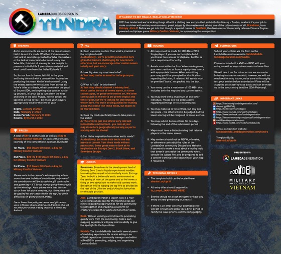 Tundra comp rules - please read before you begin!

Info + prizes
https://lambdabuilds.lambdageneration.com/tundra/

Template
https://shorturl.at/cqs14

Submit
https://docs.google.com/forms/d/e/1FAIpQLSfDp-v__iUUFyAV1YOm3eg95gc2GDLChrs_IuLoDsy251Zy_g/viewform?usp=sf_link