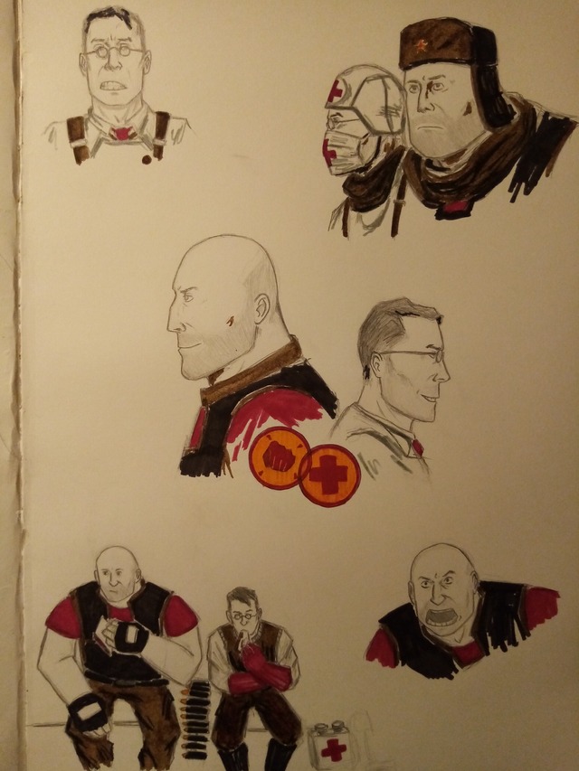A sketchbook page I dedicated to this great and iconic fight/buddy duo of TF2! Random stuff, Medic and Heavy hanging out, enjoying their sandwiches after a battle and such. Drawn in pencil and partially colored with simple, cheap markers which I ain't comfortable with but keep trying out for some reason.
Heavy's ushanka isn't exactly like that, I think. It lacks ear flaps. Medic's does have them, though, doesn't it? Well anyway, Medic put on his Heer's Helmet and lent Heavy his own ushanka for the cold.
Love these two, there's this huge bear of a man of brute force but ALSO literary knowledge from what I've read, and the scientist/mad doctor that fixes him in battle, they keep each other alive, they hit it off, BFFs, man. They will always be. 