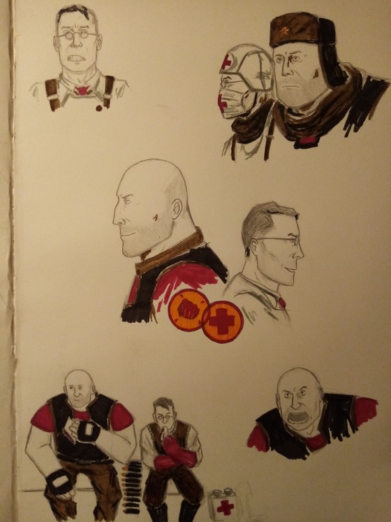 A sketchbook page I dedicated to this great and iconic fight/buddy duo of TF2! Random stuff, Medic and Heavy hanging out, enjoying their sandwiches after a battle and such. Drawn in pencil and partially colored with simple, cheap markers which I ain't comfortable with but keep trying out for some reason.
Heavy's ushanka isn't exactly like that, I think. It lacks ear flaps. Medic's does have them, though, doesn't it? Well anyway, Medic put on his Heer's Helmet and lent Heavy his own ushanka for the cold.
Love these two, there's this huge bear of a man of brute force but ALSO literary knowledge from what I've read, and the scientist/mad doctor that fixes him in battle, they keep each other alive, they hit it off, BFFs, man. They will always be. 