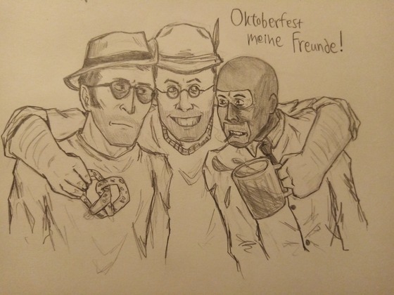 An Oktoberfest themed sketch from a page dedicated to my favorite Supports hanging out together.
I don't know what got into me with Oktoberfest, I ain't even German and it's way past October but whatever. The fact that they make many dishes with potatoes, I think, is just heaven to me because ✨POTATOES✨

So anyway, Medic being upbeat to death with Oktoberfest and sharing it with Sniper and Spy. He definitely ordered some good beer to have in the base during the fest. 
Spy's head is a bit too small dammit but eh... 