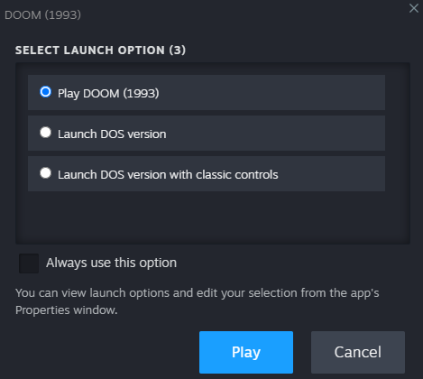 Oh cool, Steam changed the launch thing when you boot up games like DOOM (1993).