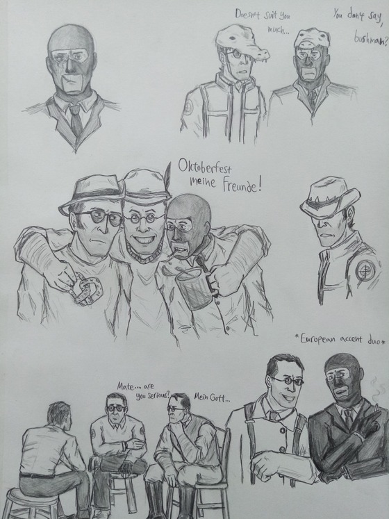 Aaaand the Support classes page is done yeepee! 
Support is my favorite class batch and I like to think that they are buddies. Like, that they have a trust in each other they don't share with other classes. There's no proof of that, I know, Sniper and Spy are mostly quiet loners and don't get along very much, do they. Medic is best friends with Heavy BUT I don't know, I consider it my headcanon. I believe they would discuss serious/private things, help and comfort, spend time together and so on.

While drawing the bottom left I imagined Spy telling Sniper and Medic that Scout is his son and he'd be maskless to show them how dead serious he's being.
What do you think? 

(working on the suggestions made on that other post now) 
