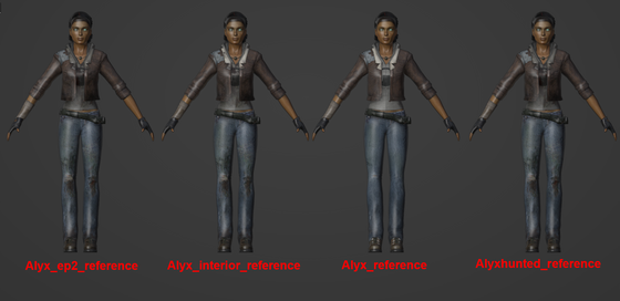 Episode 2's File Sources include textures (and two separate normal maps) for an early version of the fleshy alyx vance model that we see during the victory mine sequence. The model files include 4 different model references for Alyx, but 3 of them are nearly identical to one another and the fourth is the model used at the start of the game.