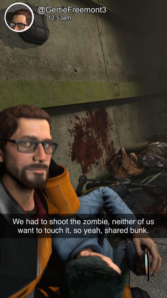 Half Life: The Snapchat Adventures Part 23 - Down Time

The Boys take a nap.

Check out the whole series on either:
Twitter: https://twitter.com/SepkoSfm/status/1392485587605594117
Tumblr: https://www.tumblr.com/sepko1/651166932485259264/sepko1-half-life-the-snapchat-series-part