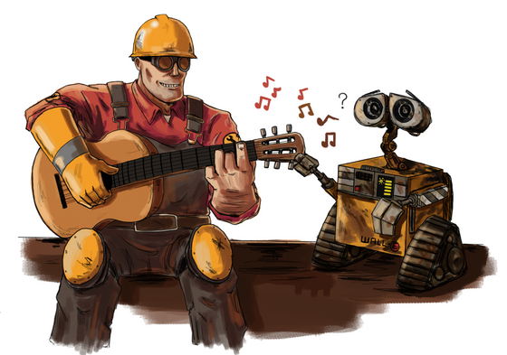 Wall-E, playing something on his little built-in music player (which is barely visible) and Engie trying to spice it up with some cords. To whoever knows Wall-E; you're a legend, have some chocolate.

Wall-E was the first ever movie I watched in my life and has huge emotional significance to me. So I thought it might be interesting to take that and put it in the game I'm currently loving and bam. I tried to capture Wall-E's character, his shy/excited/curious nature, touching the guitar in awe and wonder and Engie is of course happy to play with a robot that doesn't try to kill him for once and has kinda matching colors.  I believe he would be best buddies with Wall-E, being an engineer and stuff. 
I have a feeling this might be one of my most realistic drawings in terms of lighting and coloring, yep. (Don't ask about the background thank ye kindly heh).
Made on Krita.
