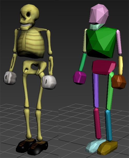 Probably one of my most difficult and complicated GoldSrc projects was the "Skelepuncher" model in 2016~17 because I wanted death animations to have him fall apart.  This involved baked physics animations but also blending with existing animations.  The rig used a simplified version for collisions then the simulations were run using 3dsMax MassFX.  The violent death animations was done by a big pink ball used for collision.  The rest was releasing the pieces freely and letting the gravity sim do the work.  Another layer of difficulty is how playermodel animations are locked to a certain FPS & framecount or else they get clipped/sped up.  To compensate I re-timed the simulation to fit within that framecount and timing.  The model and download is in this post:
https://community.lambdageneration.com/sven-co-op/post/gqb2c7ei
