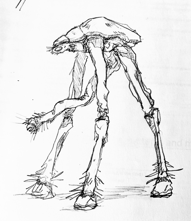 An amazing Pre-Combine Strider concept piece by Serpy. 

According to him:

“ When the Combine found them they made them much bigger and lankier, and replaced their trunk and headthing with guns and their feet with knives because they can do that. Their legs are strengthened with metal implants, and other synthetic augmentation keeps them alive and behaved.”