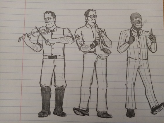 Support playing music... or at least Medic and Sniper are. I searched up and found Spy has nothing instrument-oriented. So for him, pleasant vibing it is.

(There's something wrong with Medic, I can FEEL it, I think he's... flat and stubby, goddammit)
A saxophone is 100 times more detailed but I had no ref photo at the time. 