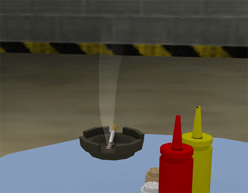 Back in 2015, I had an idea in my head for making a self-contained model that has smoke and ember effects without needing to use external using sprites, particles or texture-based animation. This is what I came up with: The smoke is a flanged uncapped cylinder that uses a gradient texture in additive mode and is distorted and controlled with animated bones (bones are seen in the third image as blue dots and yellow lines representing parent hierarchy).

The embers is a piece of geometry that is basically a distorted cylinder cap that shares the same texture in additive mode using the left portion. The cylinder is rotated by an animation bone to simulate the slow burn as the irregular shape clips in and out of the cigarette geometry.

Lastly, the ash piece that is surrounded by blue is a masked transparency portion* of the texture so I can use it in several places as a piece of plane geometry (2 triangles to make a square). I have used the plane in 6 copies: 4 around the end of the cigarette for hanging ash and 2 in the ashtray dish, you can also observe I have distorted and scaled each one to give some shape variety.

Model is 450 polygons, and uses a 256X256 8-bit BMP, and a 128X128 8-bit BMP as textures. * GoldSrc engine uses the last color of the 8bit texture palette (index 255) and uses typically pure blue as that color [ RGB: 0 0 255] for alphatest transparency.