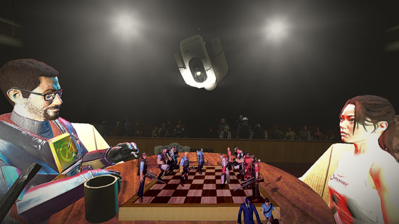 Live Chess - #gmodmultiverse

The chess board and the stage are two separate scene builds. I built the stage on gm_theater, and the board was made in gm_construct's color room. I used a 2d-art program to erase the background.

You'll probably have to zoom in to see the other Valve game characters in the audience.