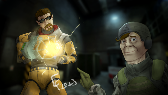 HECU #WestehMeets his demise! (Gordon Freeman) He's such a smart fella!

What's that device he's holding? Westeh wonders what it does!

(I'd love to nitpick the problems that I don't feel like fixing, but I don't feel like doing that.)