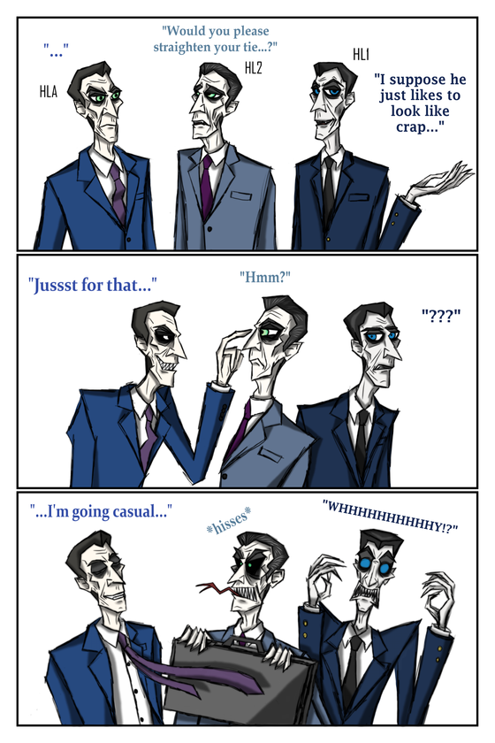 Here's a short comic I drew...

This idea came about because in HLA G-Man doesn't adjust his tie (the echo doesn't count!) during his speech.

I usually just incorporate all my favourite aspects of the different G-Man models when I draw him, but this time I had to try and make them look a bit different from one another, haha.