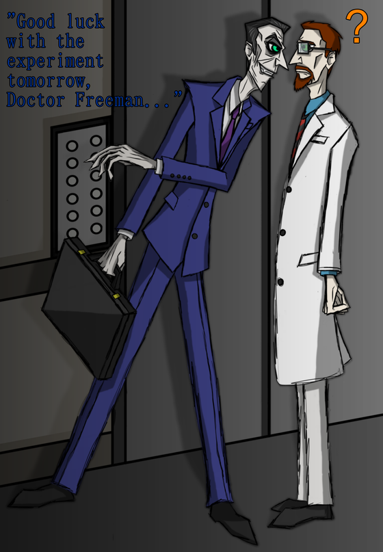 If Freeman met G-Man the day before the cascade... I call this 'Gordon's Awkward Elevator Ride'.

I am so sorry; I apparently can't draw Gordon very well. Also someone remind me to never bother with a background again, I hate drawing them so tried to make it as simple as possible.