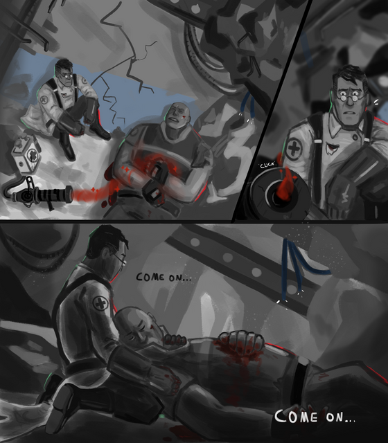 Illustration of an actual, kinda heartwrenching dream I had a couple days ago. Heavy and Medic (the RED ones) are trapped in the ruins of the BLU base (idk how they got there) with Heavy fatally injured and incapacitated. The Medigun couldn't do anything more than just keep him stable, it was malfunctioning apparently, and they simply stay there hiding. At some point it shuts down completley and, panicked, Medic holds Heavy close and the MOST memorable thing from my dream was that he was quietly saying "Come on... come on...". Happy things ehehehe- also it was in greyscale with some colors here and there, idk how.
No ship implied or intended but however you see it is all good, folks.
