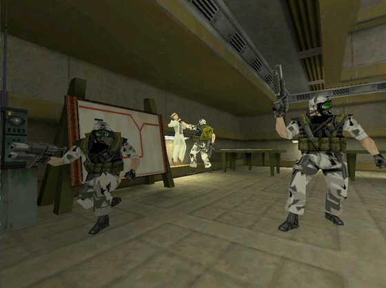 As you might know, Valve LOVED doing small ingame sequences during HL1's development just for screenshot sake because, Valve. And so when I was looking at the sequence in the back of the screenshot, I at first assumed that it was the "assassin" anim from the "cinematics" folder, but it's not. Well, somewhat.
The grunt is definitely using the "assassin" anim in this picture (and on the rest of the screenshots showing this sequence), but the sci is most likely using the beta version of the "barnacled" anim, because it does not line up with the sci's "assassin" anim. Now you know.