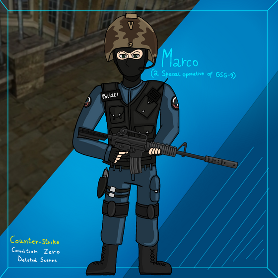 I drew Marco (a special operative of GSG-9) from CS:CZ Deleted Scenes. He is a character present in Motorcade Assault campaign (one of my favourite campaign in Deleted Scenes).