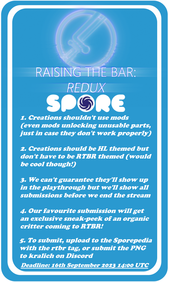 This weekend, we'll be doing a stream of Spore...and to add to the fun, we're also running a little creature creation contest with a nifty sneak-peek as a prize! Take a look at the infographic for how to submit and tune in this weekend to see anyone's submissions & our own stream of the game!

Deadline is the same day as the stream - 2pm UTC on the 16th of September.