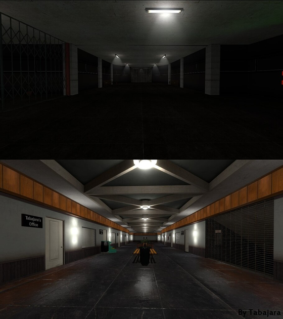 Here is another post showing my maps done for Zombie Panic. This one is called ZPO_Area41 - objective is to get inside an abandoned military base, turn on the main generator and find your way through offices where you will enable a teleportation device to get out of the facility. The first version of this map (top imgs) was made around 2011 where I was still learning Hammer. Then I remake it all around 2014-ish (bottom img) with a more decent-facility looking.

I made some comparison shots from the old to the new versions back in 2015 which I'm showing in this post! Quite an improvement I must say. This maps is still very popular in the game by the community til this day hehe XD

You can find the map here: https://gamebanana.com/mods/142012