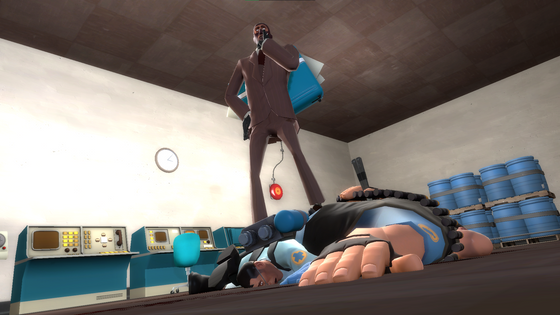 "Alert! A red spy is in the base!"

Just a spy grabbin' some intel :3